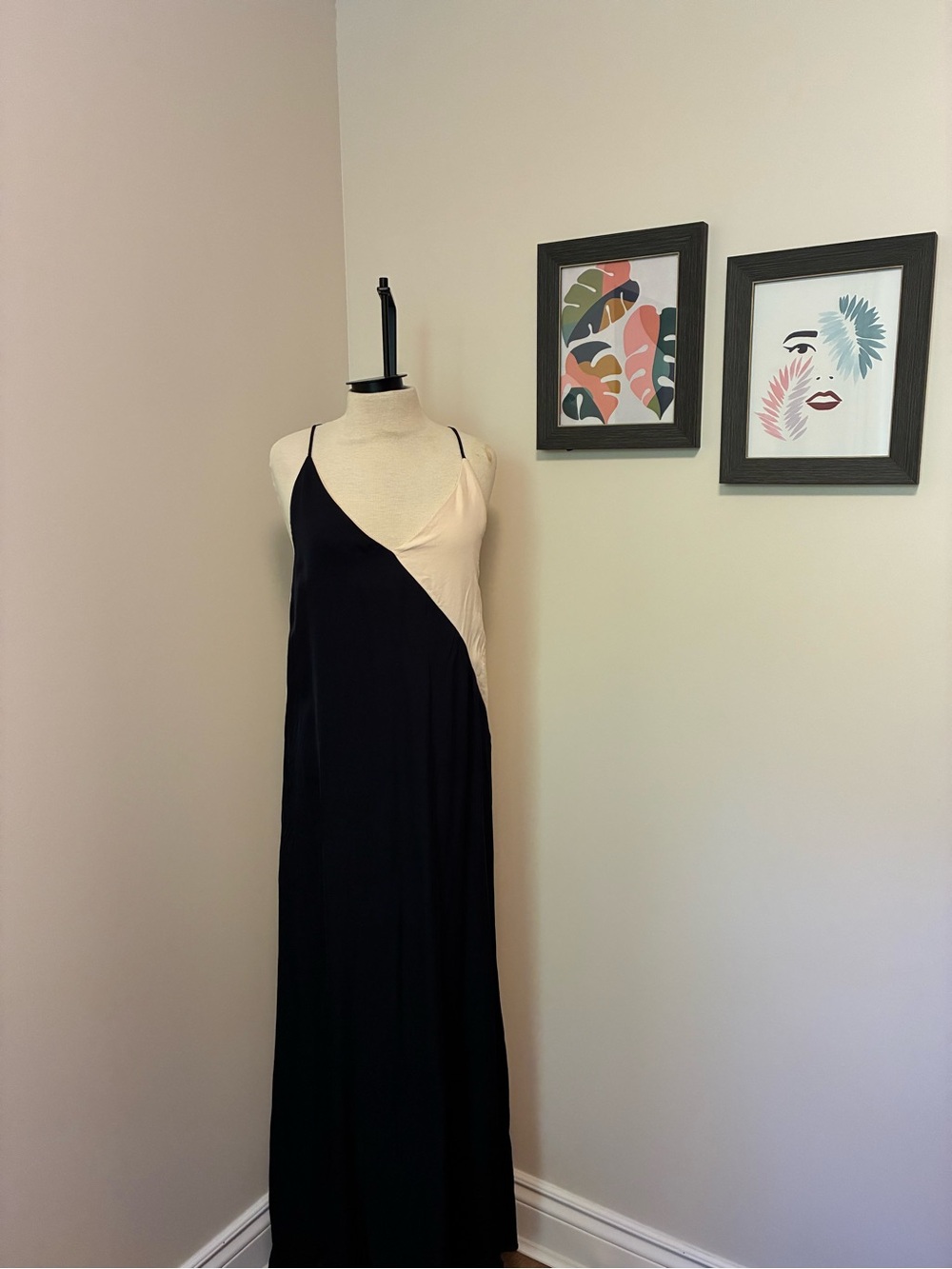 Zara Black and Cream Diagonal Slip Maxi Dress